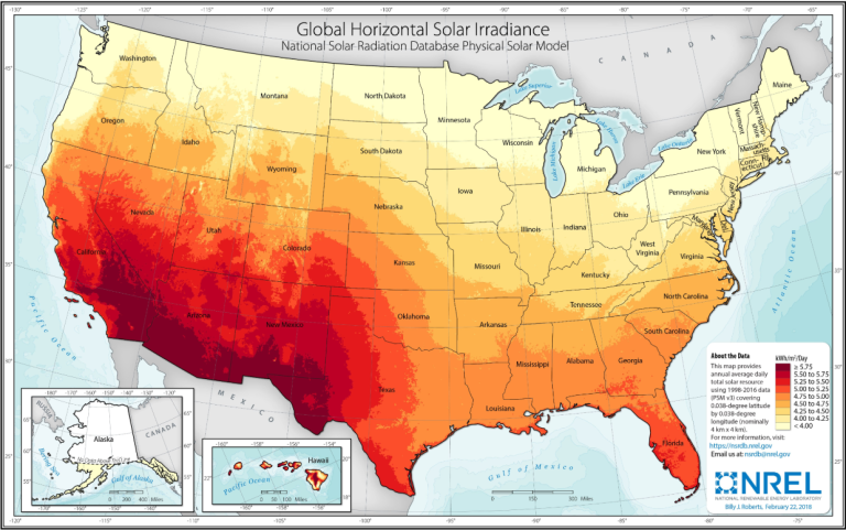 US Solar Irradiance Map with sun hours