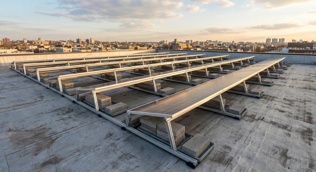 Solar panel mounting systems for ballasted flat roofs