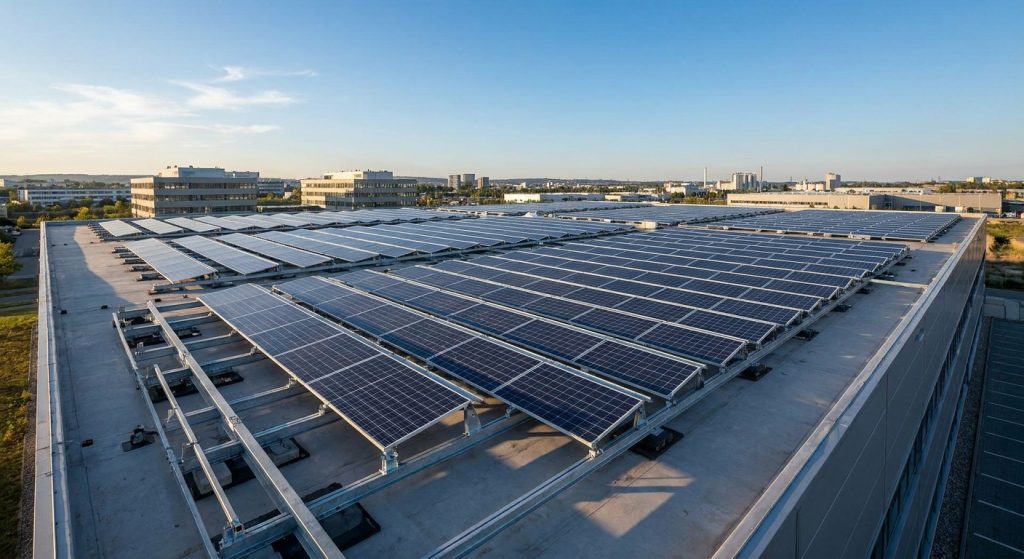 Solar panel racking systems for commercial flat roofs